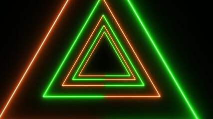 Video animation of many triangles in neon green and golden neon magenta on dark background. - abstract background - seamless loop - Powered by Adobe
