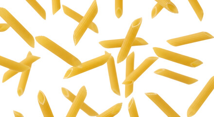 Dry penne pasta scattered and isolated on a transparent background, food ingredient