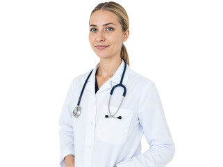 Fototapeta premium Young doctor wearing a white coat and stethoscope smiling confidently in a bright, professional setting