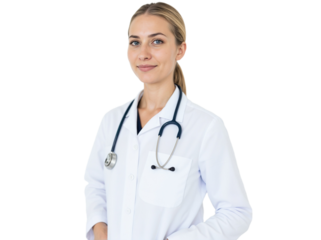 Young doctor wearing a white coat and stethoscope smiling confidently in a bright, professional setting