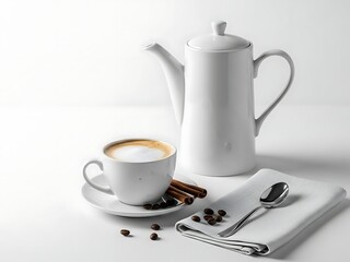 White coffee pot and a cup of creamy cappuccino with latte art, accompanied by cinnamon sticks and coffee beans, isolated on white background