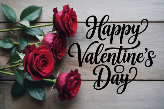 Happy Valentines Day with red roses on wooden background, perfect for a holiday poster or greeting card