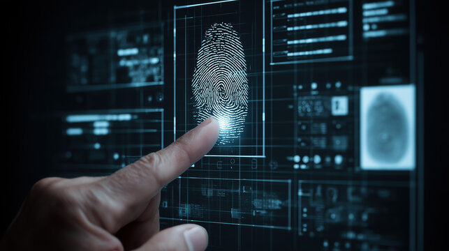 Fingerprint scanning technology displayed on a digital interface, showcasing biometric identification process with glowing lines and data analysis elements in a modern setting