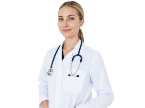 Young doctor wearing a white coat and stethoscope smiling confidently in a bright, professional setting