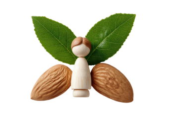 Wooden figure with almond wings and green leaves as a creature
