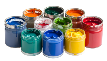 Assortment of open paint jars, displaying various bright, vibrant colors for art
