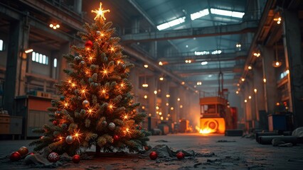 Ein Weihnachtsbaum in einer Industriehalle