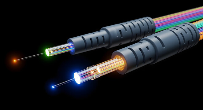A close up of two fiber optic cables emitting light of different colors on a black background