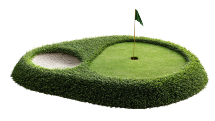 Miniature golf course hole with sand trap and flag