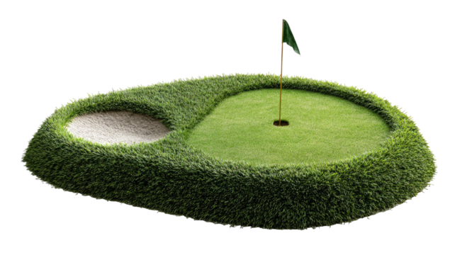 Miniature golf course hole with sand trap and flag