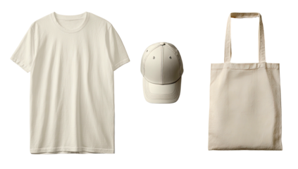 Three blank canvas apparel items t-shirt, cap, and tote bag