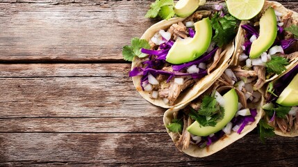 carnitas. Flat lay of Mexican street tacos with fresh ingredients, highlighting vibrant flavors and rustic appeal. menu design.