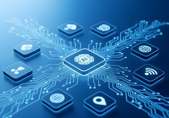 Futuristic digital technology concept with interconnected glowing icons on a circuit board