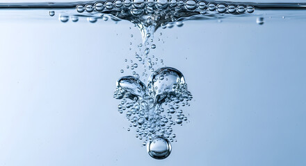 A close up shot of bubbles rising in clear water with a light blue background in the background