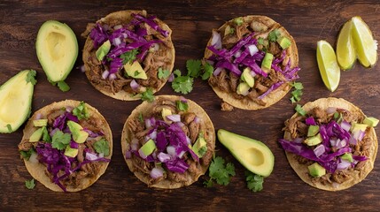 carnitas. Flat lay of Mexican street tacos with fresh ingredients, highlighting vibrant flavors and rustic appeal. menu design.