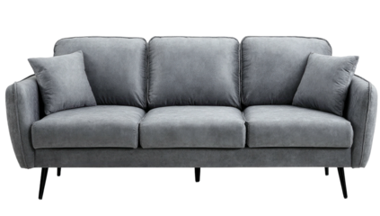 Gray three-seater sofa with plush cushions and decorative pillows