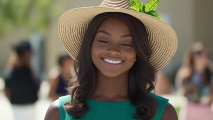 Happy woman with straw hat and green dress smiling at outdoor event on sunny day - Powered by Adobe