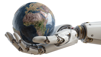 Robotic hand gently holding a glowing, detailed Earth on a black background