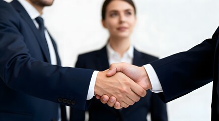 Successful business people finalize agreement with professional handshake close up
