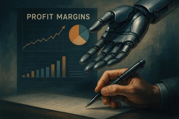 Business professional analyzing profit margins with robotic assistance, symbolizing the synergy of human expertise and artificial intelligence in data-driven decision-making.