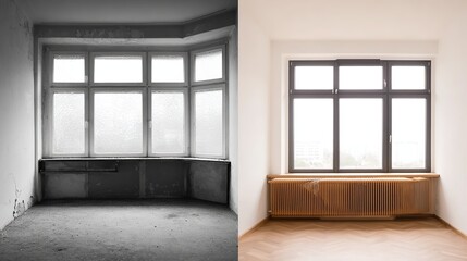 beforeafter. Minimalist interior corner with architectural details, showcasing modern transformation. real-estate listings.