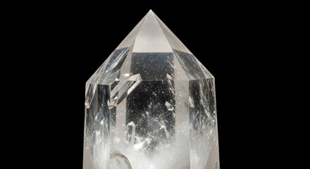 Close up of a clear quartz crystal point with inclusions against a black background in studio lighting