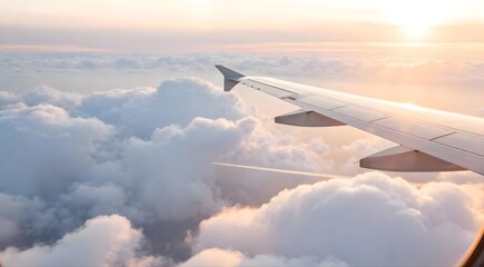 View from airplane window over clouds during sunrise or sunset journey travel