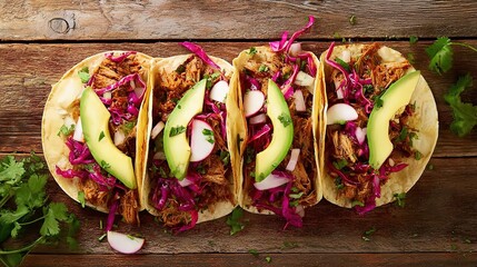 carnitas. Flat lay of Mexican street tacos with fresh ingredients, highlighting vibrant flavors and rustic appeal. menu design.
