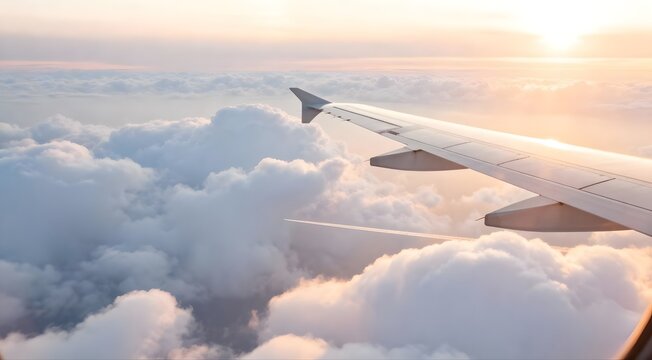 View from airplane window over clouds during sunrise or sunset journey travel