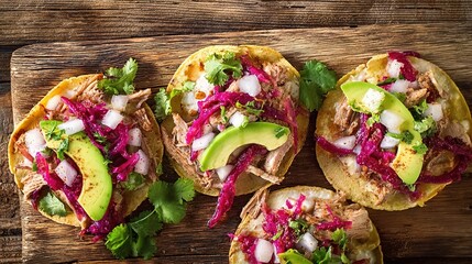 carnitas. Flat lay of Mexican street tacos with fresh ingredients, highlighting vibrant flavors and rustic appeal. menu design.