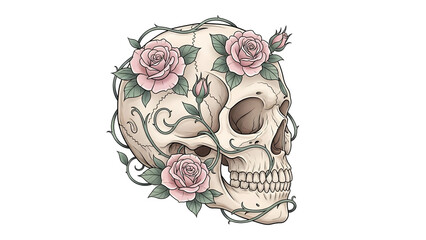 Hand drawn vector illustration of a rose and flower bouquet skull tattoo art design for a floral decoration
