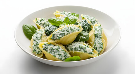 Spinach and ricotta stuffed pasta shells in a white bowl  