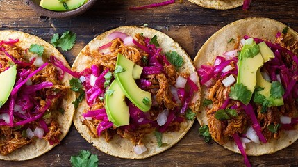 carnitas. Flat lay of Mexican street tacos with fresh ingredients, highlighting vibrant flavors and rustic appeal. menu design.