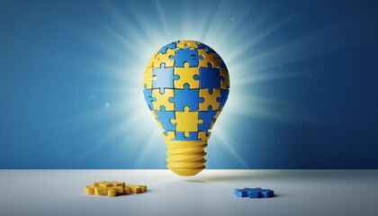 Puzzle piece light bulb glowing brightly on a blue background with scattered pieces, concept for innovation, business strategy and teamwork.