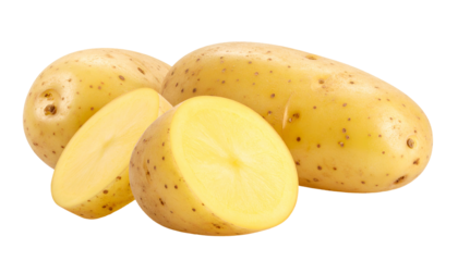 Close-up of whole and sliced raw potatoes, showing interior and exterior textures
