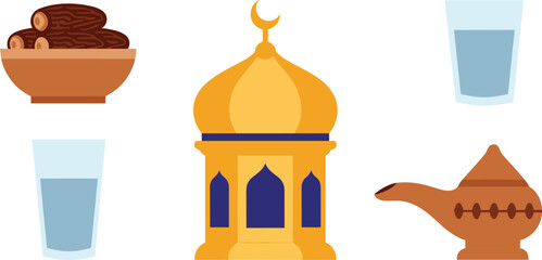 Islamic ramadan iftar symbols including dates lantern and water