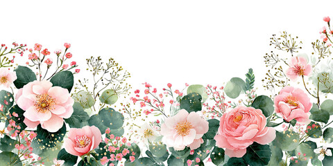 Gentle floral border with pink roses and eucalyptus leaves