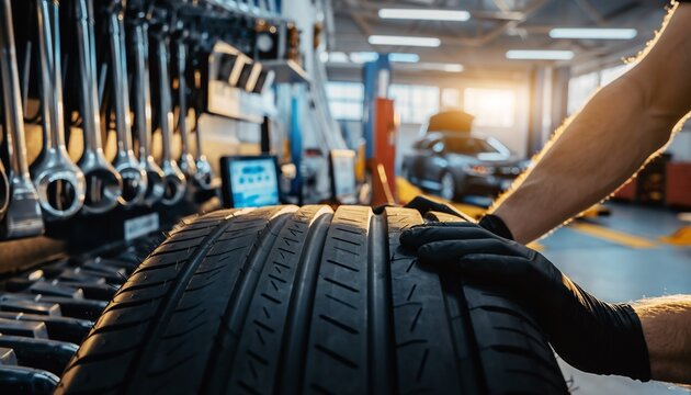 Mechanic's hand inspecting a car tire in a modern auto service station with tools and bright sunlight, concept for automotive repair, vehicle care and tire service