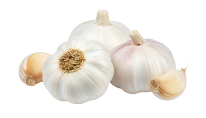 Close-up of several whole garlic bulbs and detached cloves, isolated on a black background