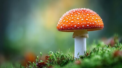 Vibrant red and white mushroom growing in a lush green forest environment