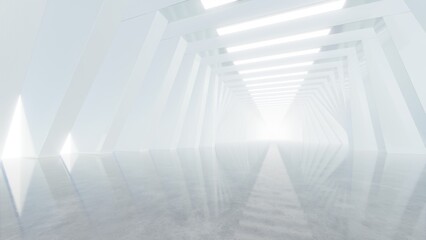 Obraz premium Abstract architecture tunnel space with empty concrete floor, Geometric with neon light, Sci-fi interior for product presentation, 3d rendering
