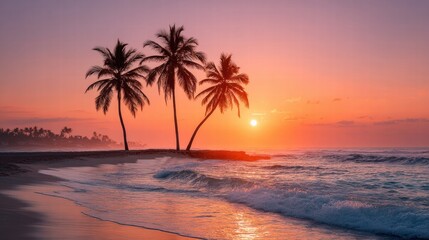 Tropical beach sunset with palm trees silhouette and ocean waves.