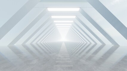 Abstract architecture tunnel space with empty concrete floor, Geometric with neon light, Sci-fi interior for product presentation, 3d rendering