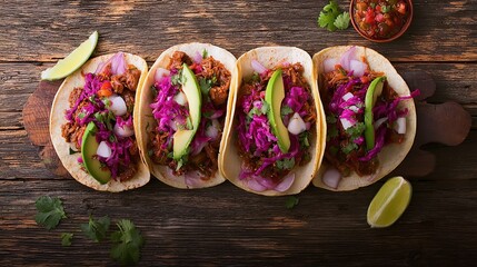 carnitas. Flat lay of Mexican street tacos with fresh ingredients, highlighting vibrant flavors and rustic appeal. menu design.