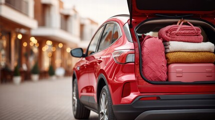 Red car trunk packed with luggage and blankets, ready for a road trip adventure.