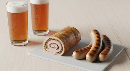 Beer and sausages served on a white plate with wooden background  
