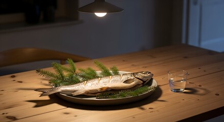 Fresh fish served on wooden table with greenery and glass of water  