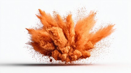 Orange powder explosion against a clean white background, studio shot