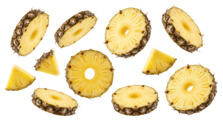 Fresh pineapple slices and wedges, tropical fruit, isolated on transparent background