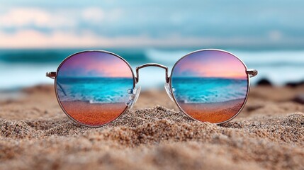 Sunglasses on sandy beach with ocean view reflecting the beautiful sunset